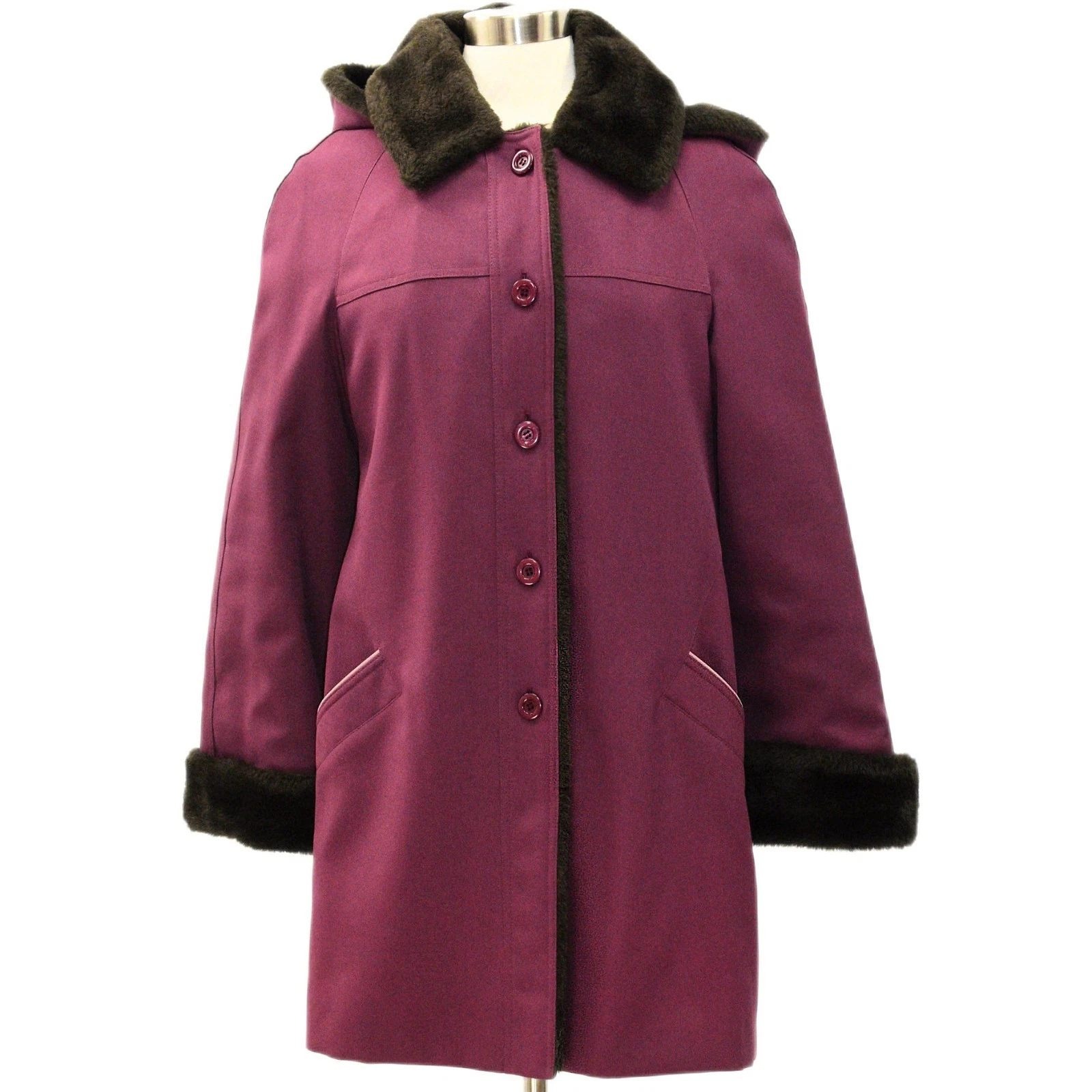 70s Vintage Hooded Purple Coat Womens M Faux Fur Cuffs Contrast Trim Boho Jacket